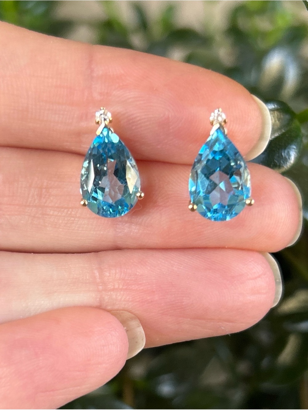 14K SOLID GOLD Vintage Genuine Blue Topaz and Natural Diamond Post Back Earrings